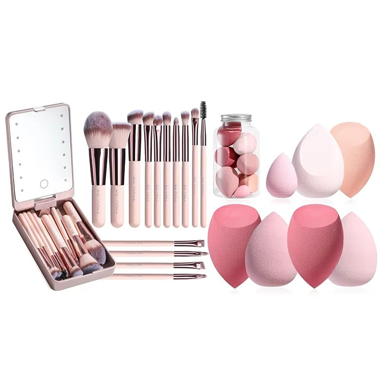 Makeup Brushes With Case Set Portable LED Mirror Makeup Jewelry Storage Case Travel Makeup Tool Kits